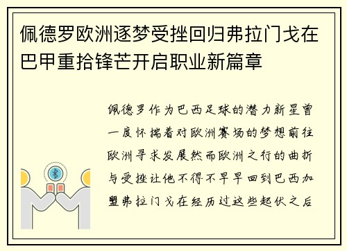 佩德罗欧洲逐梦受挫回归弗拉门戈在巴甲重拾锋芒开启职业新篇章 佩德罗欧洲逐梦受挫回归弗拉门戈在巴甲重拾锋芒开启职业新篇章